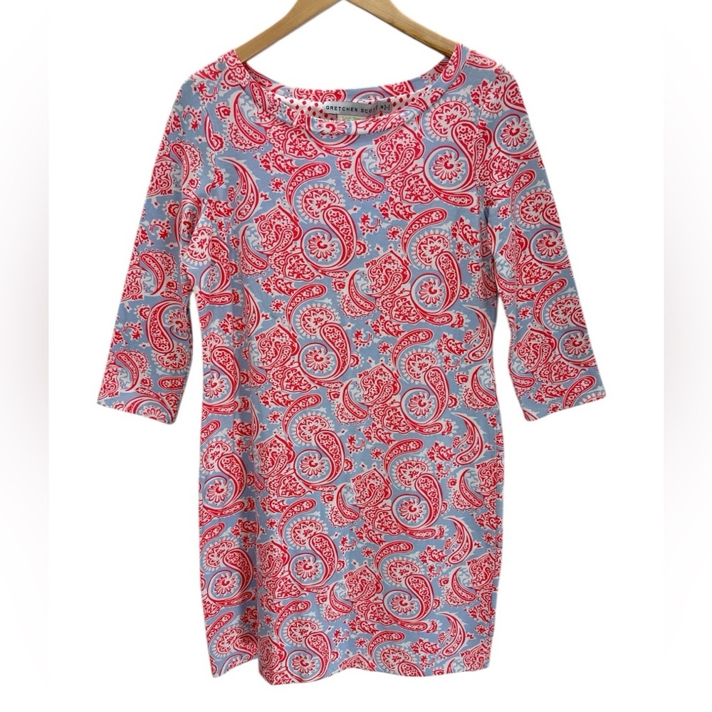 Gretchen Scott Designs Red Paisley on Light Blue Shift Dress